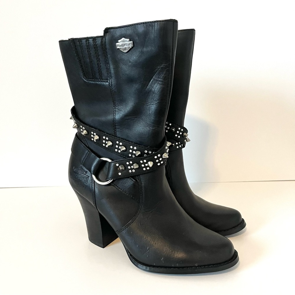 Vintage Harley Davidson Black Leather Mid Calf Boot Spikes Studs Women Size 7